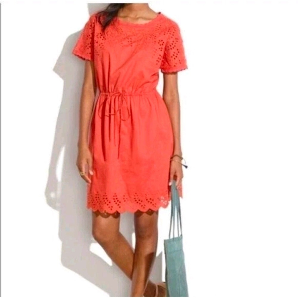Madewell Eyelet Cotton‎ Dress Coral Pink Mini with Pockets & Slip Size 10